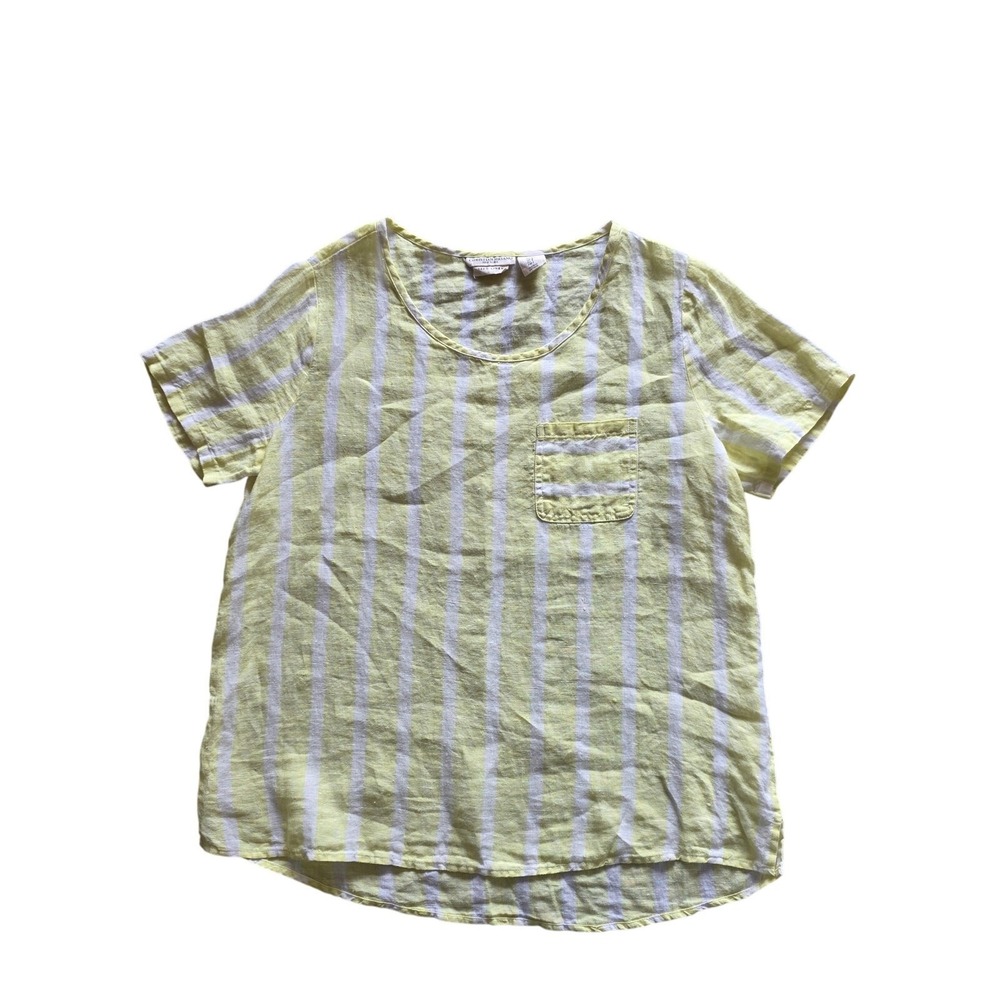 Christian Siriano‎ 100% Linen Top S Womens Green White Short Sleeve Pullover